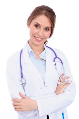 Beyaz arka plan üzerinde izole dostu gülümseyen genç kadın doktor,