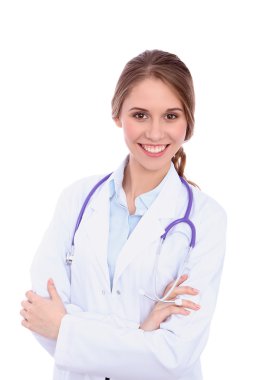 Beyaz arka plan üzerinde izole dostu gülümseyen genç kadın doktor,