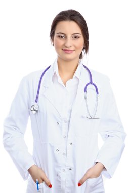 Dost gülümseyen genç kadın doktor boşaltmak alan, izole gösterilen