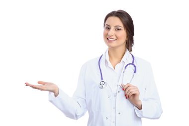 Dost gülümseyen genç kadın doktor boşaltmak alan, izole gösterilen