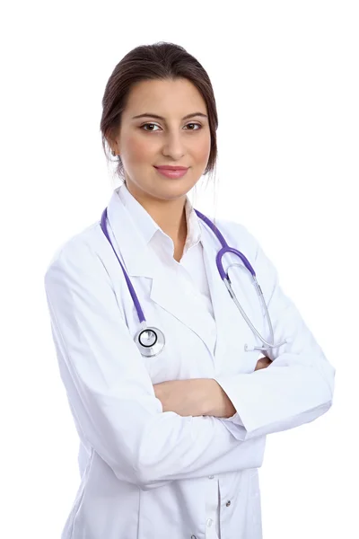 Vänliga leende ung kvinnlig läkare visar copyspace område, isolerade — Stockfoto