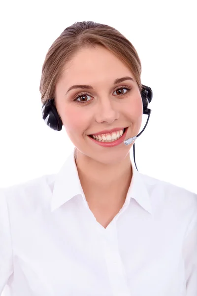 Porträt eines lächelnden, fröhlichen jungen Telefonhelfers im Headset, isoliert vor weißem Hintergrund — Stockfoto