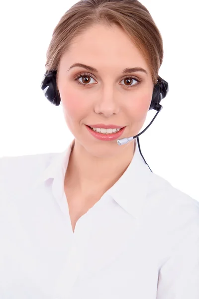 Veselá mladá podporu telefonní operátor v headsetu, izolovaných na bílém pozadí se usmívám — Stock fotografie