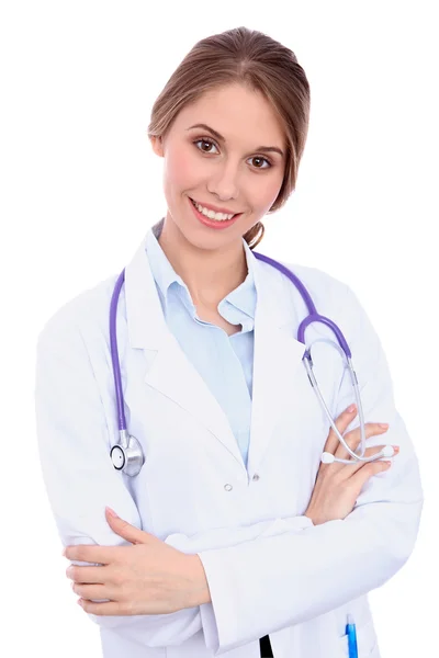 Vänliga leende unga kvinnliga läkare, isolerade över vit bakgrund — Stockfoto