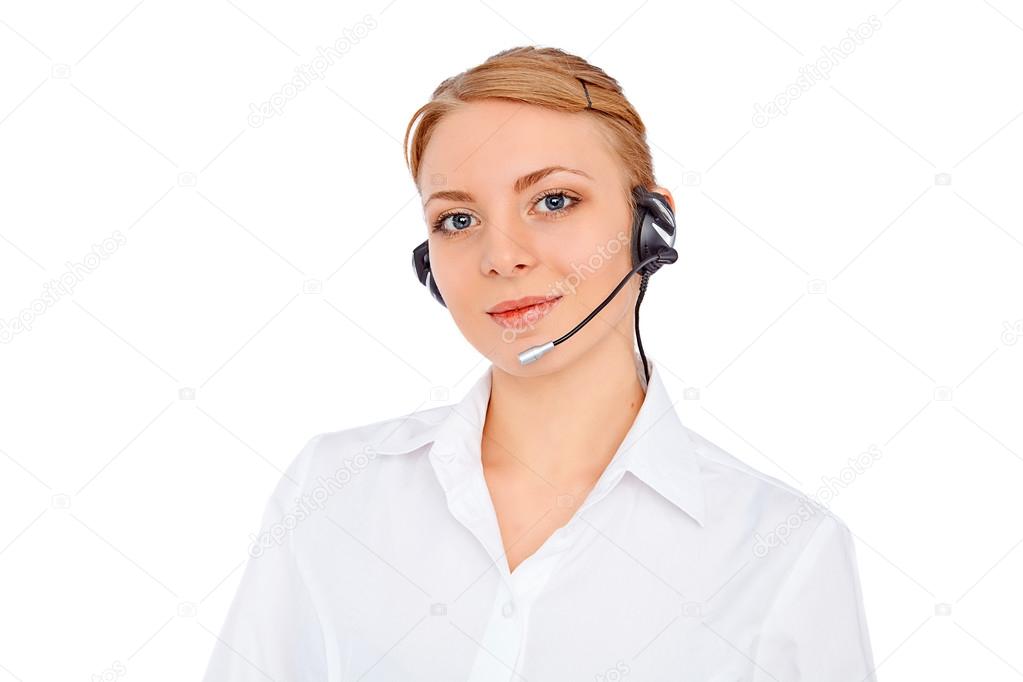 Support phone operator  in headset, blonde girl,