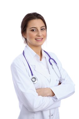 Beyaz arka plan üzerinde izole dostu gülümseyen genç kadın doktor,
