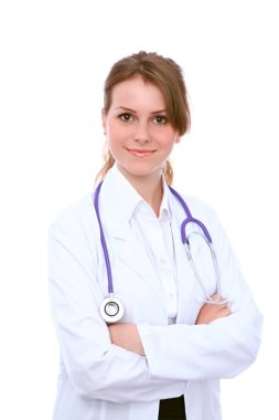 Beyaz arka plan üzerinde izole dostu gülümseyen genç kadın doktor,