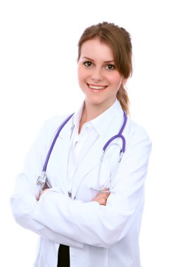 Beyaz arka plan üzerinde izole dostu gülümseyen genç kadın doktor,