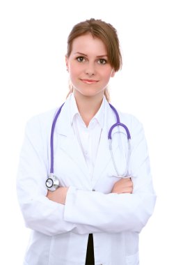 Beyaz arka plan üzerinde izole dostu gülümseyen genç kadın doktor,