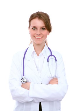 Beyaz arka plan üzerinde izole dostu gülümseyen genç kadın doktor,