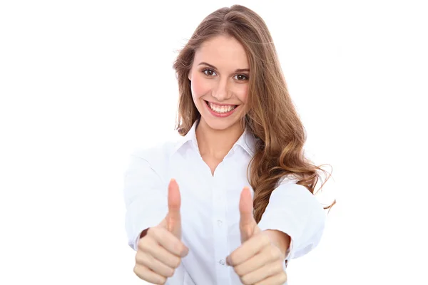 Hermosa mujer sonriente feliz con los pulgares hacia arriba, aislado sobre fondo blanco — Foto de Stock