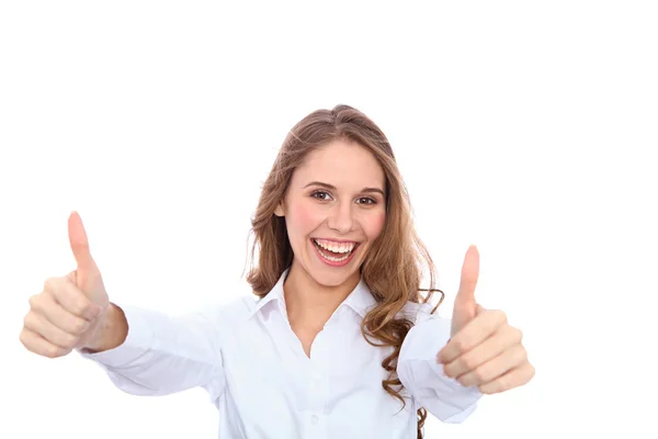 Hermosa mujer sonriente feliz con los pulgares hacia arriba, aislado sobre fondo blanco — Foto de Stock