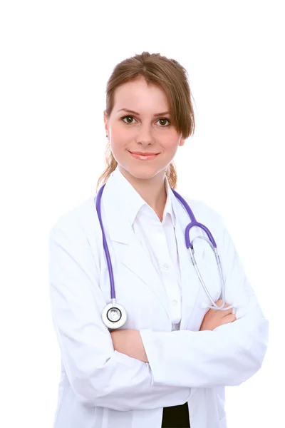 Przyjazny uśmiechający się młoda kobieta lekarz, na białym tle nad białym tle — Zdjęcie stockowe