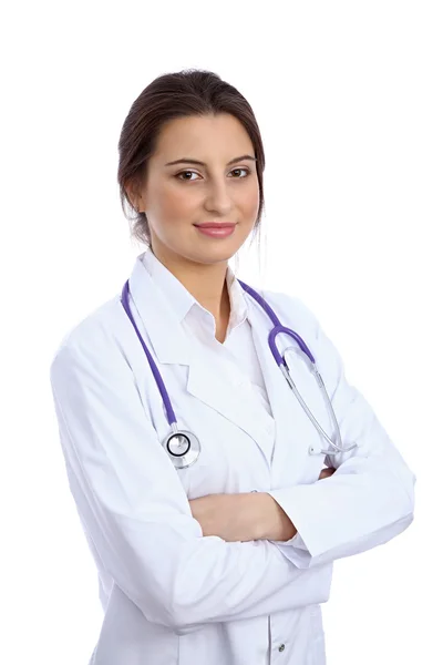 Freundlich lächelnde junge Ärztin, isoliert auf weißem Hintergrund — Stockfoto