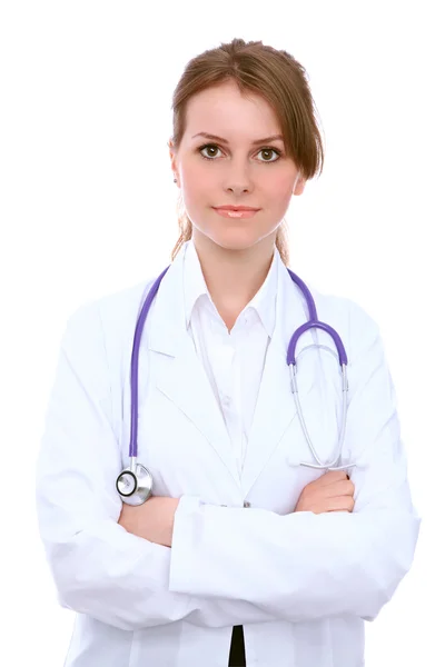 Amigável sorridente jovem médico, isolado sobre fundo branco — Fotografia de Stock