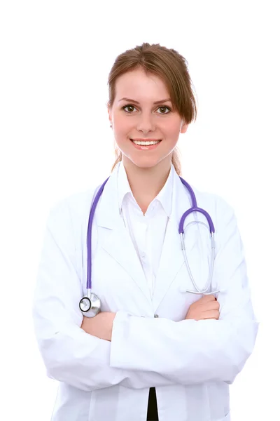 Amigável sorridente jovem médico, isolado sobre fundo branco — Fotografia de Stock