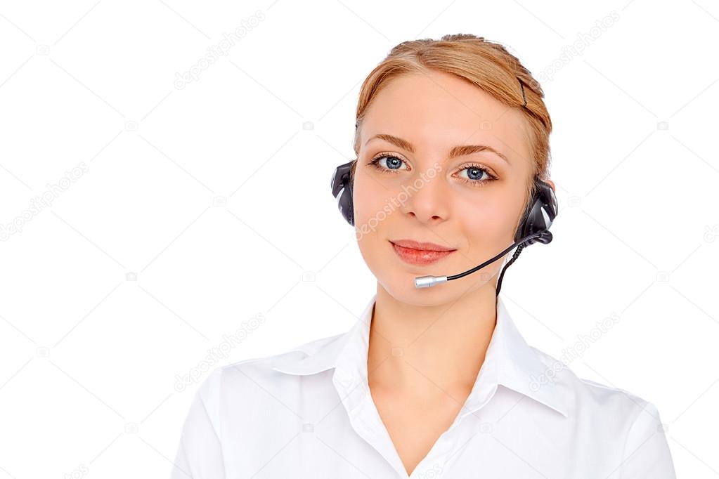 Support phone operator  in headset, blonde girl, isolated