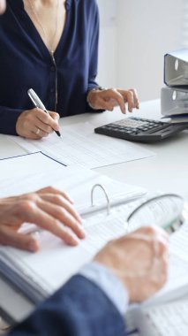 Finansal belgeleri analiz eden iş adamları, modern işyerindeki verileri parlak, profesyonel çevreyle işbirliği içinde hesaplıyorlar. İş dünyasında denetim ve vergi teması