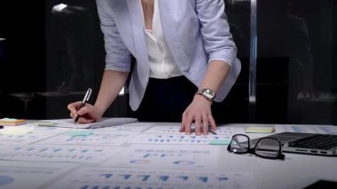 İş kadını mali verileri gözden geçiriyor ve basılı raporların grafiklerini analiz ediyor, stratejik planlama ve liderlik girişimleri üzerinde geç saatlere kadar çalışıyor, piyasa analitiğine odaklanıyor