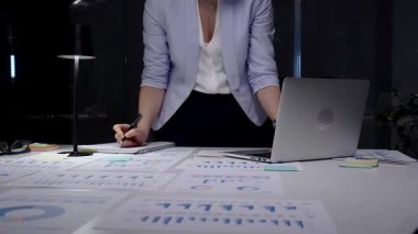 İş kadını, gece geç saatlerde bir masada mali raporları, çizelgeleri ve grafikleri inceleyerek ve işaretleyerek, büyümeyi hızlandırmak ve teslim tarihlerini karşılamak için veri ve planlama stratejisini analiz ederek,