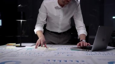 Profesyonel işadamı gece geç saatlere kadar ofiste çalışır, mali veri ve istatistikleri analiz eder, iş başarısı ve üretkenlik elde etmek için aşırı çalışma ve proje sürelerini yönetir