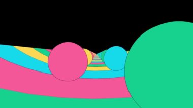 Renkli topların sonsuz hareketine sahip video sarkaç gibi siyah bir arkaplan üzerinde renkli yollar boyunca