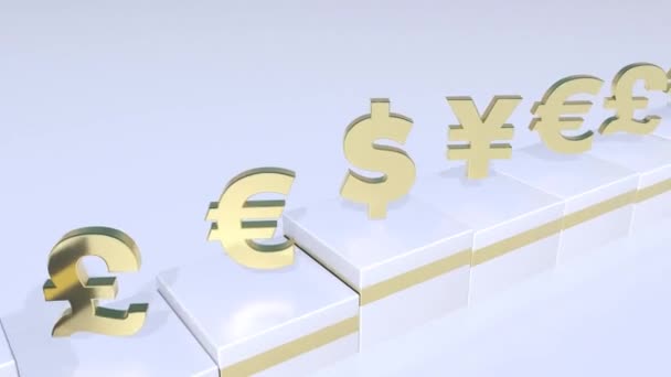 Monetära Symboler Börskurser Dollar Yen Pund Euro Flytta Runt Loopas — Stockvideo