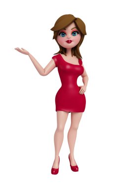 Sunum pozu veren üç boyutlu bir kız resmi.