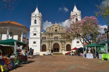 Panama city, Panama- February 22,2020 : The Cathedral Basilica of Santa Mara Catholic church located in the old town of Panama City in Panama also know as Metropolis church of Panama is a popular tourist attraction