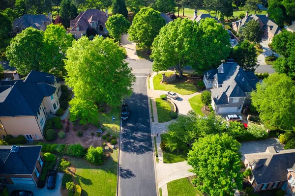 Top View Beautiful Houses Roofs Lush Green Landscaped Yards Upscale — Stock Photo, Image