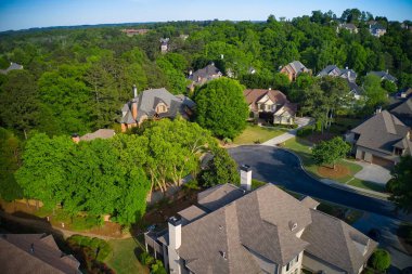 Gürcistan 'ın banliyölerinde altın saatinde çekilmiş güzel evler, bahçeler ve ağaçlarda taze bahar çiçeklerinin güzel panoramik hava manzarası..