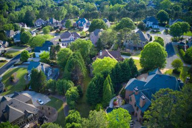 Gürcistan 'ın banliyölerinde altın saatinde çekilmiş güzel evler, bahçeler ve ağaçlarda taze bahar çiçeklerinin güzel panoramik hava manzarası..