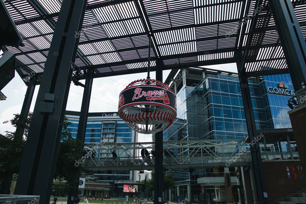 Atlanta, Georgia, USA- June 12,2021 : MLB Atlanta Braves' logo on giant light baseball