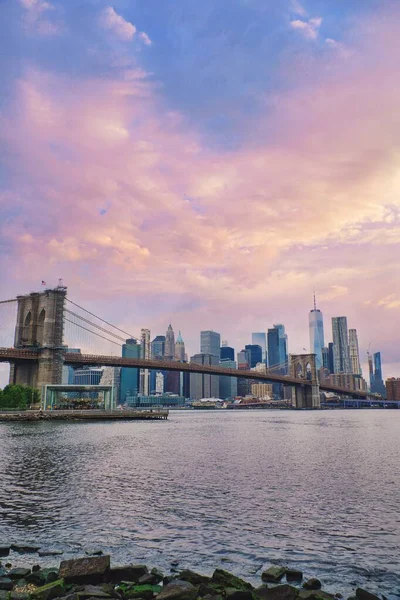 Ohromující Pohled Panorama Manhattanu Brooklynský Most Mraky Západu Slunce New — Stock fotografie