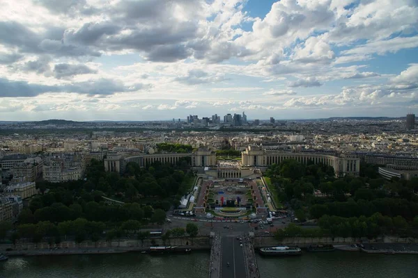 Panoramic Aerial View Paris Skyline Including River Seine Lined Boats — Stock Photo, Image