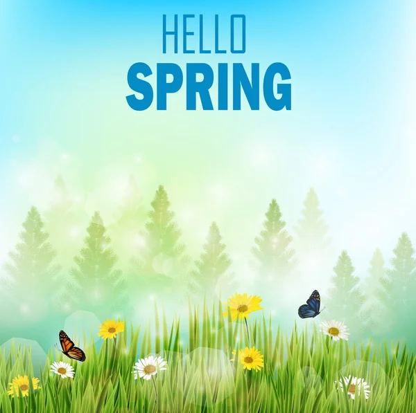 Jarní pozadí s květinami a motýli v louce a borovic — Stockový vektor