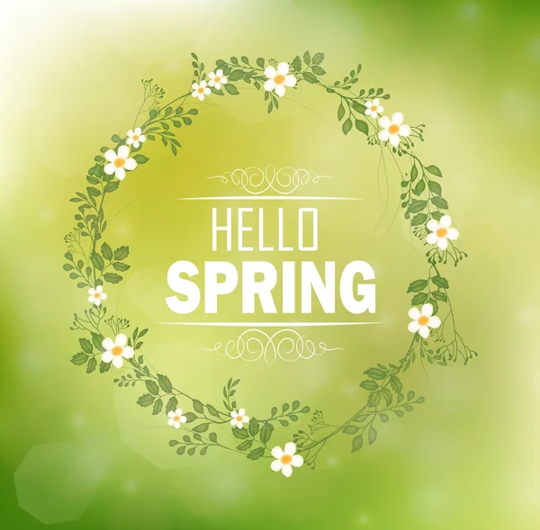 Kreis floralen Rahmen mit Text hallo Frühling und Bokeh Hintergrund — Stockvektor