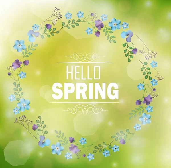圆环花卉框架与文本你好春天和散景背景 — 图库矢量图片