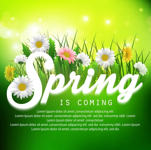 Fresh spring background with grass and flowers