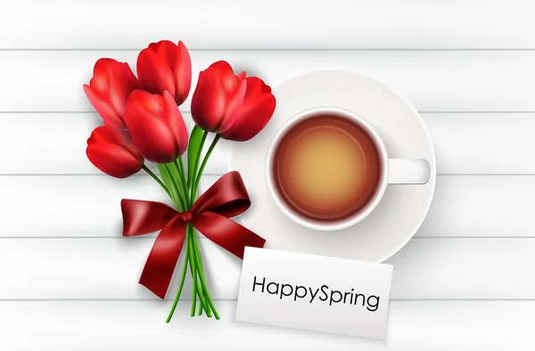 Tasse Kaffee mit roten Tulpen und rotem Band auf weißem Holzhintergrund — Stockvektor