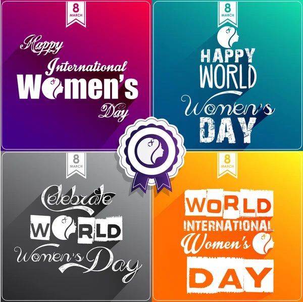 Tarjeta de felicitación Happy Women 's Day Flat Design, papel pintado de tarjetas de regalo sobre fondo rojo, fondo verde, fondo naranja y fondo gris con tipografía de celebración del Día Mundial de la Mujer del 8 de marzo — Vector de stock