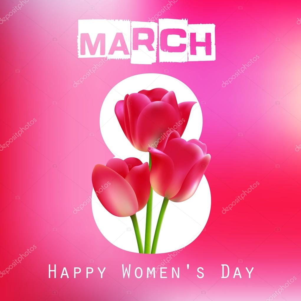 Happy Women's Day with red tulips on pink background