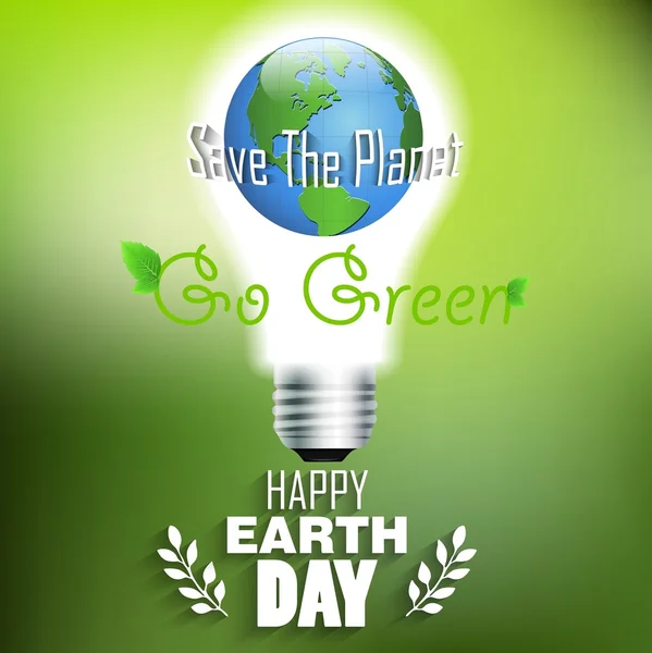 Día de la Tierra idea de fondo concepto lámpara y mundo sobre fondo verde — Archivo Imágenes Vectoriales
