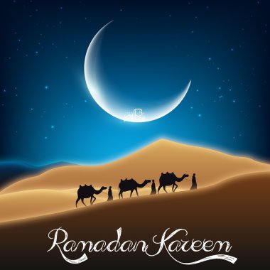Ramazan kareem deve ile çölde gece gün üzerinde yürür