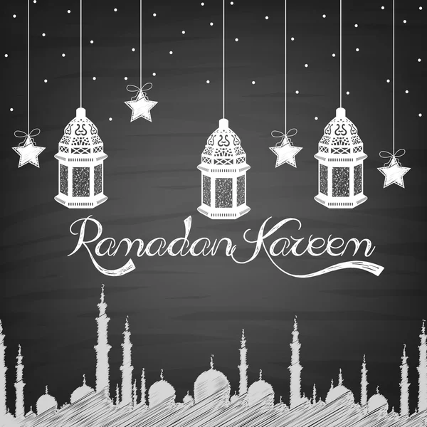 Ramadán Kareem fondo con lámpara, estrellas y mezquita de dibujo a mano — Vector de stock