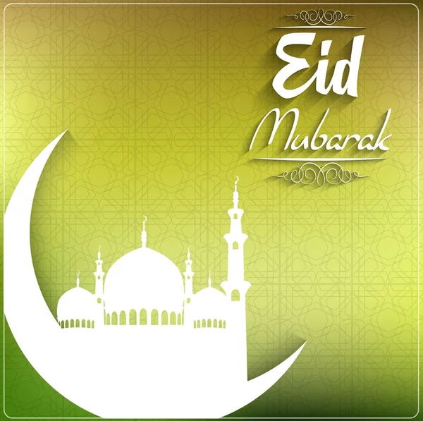 Eid Mubarak s mešitou nad půlměsíc na zeleném pozadí — Stockový vektor