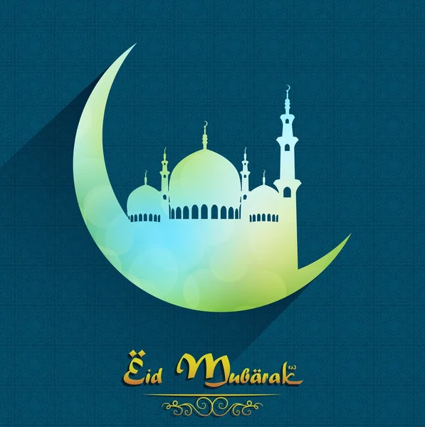 Eid Mubarak with mosque over crescent moon on blue background — Stock Vector