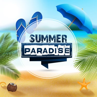 Yaz plaj mavi şemsiye ve sandal ile