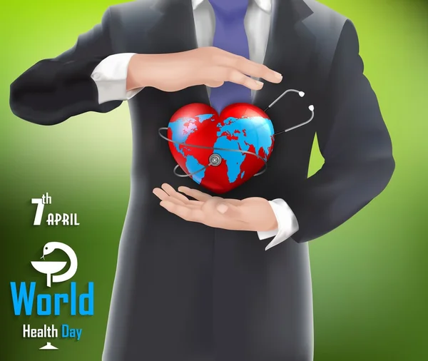 Podnikatel drží svět v rukou concept s Světový den zdraví — Stockový vektor