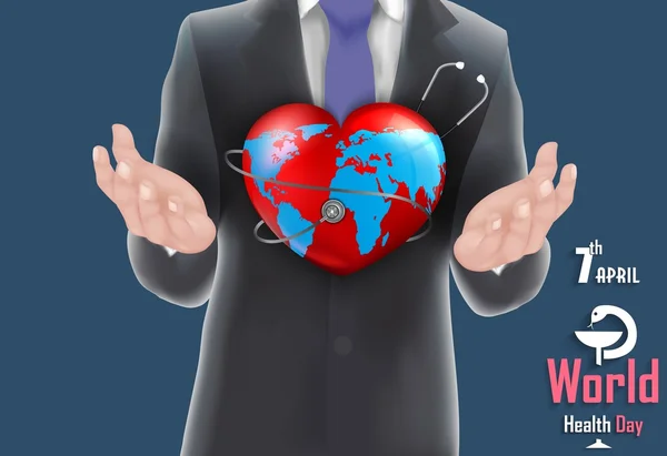 Affärsman håller världen i hand koncept med Världshälsodagen — Stock vektor